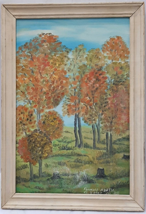 Vintage signed oil painting on fiberboard, autumn trees