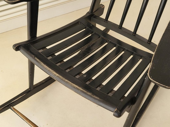 Image 1 of SUPERBE ROCKING-CHAIR FAUTEUIL 1960 VINTAGE EN BOIS LAQUE NOIR 60S 1960S