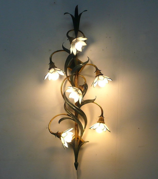 Applique Métal Vert + Shabby Gold, 6 abat-jour en verre à fleurs de Tiffany, style Hollywood Regency Kögl, années 60