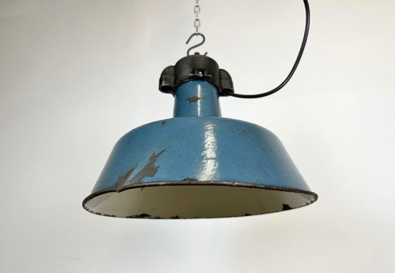 Image 1 of Industrial Blue Enamel Factory Lamp with Cast Iron Top, 1960s