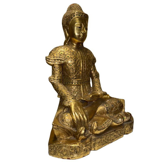 Estatua antigua de Buda Mandalay birmano – Madera dorada con incrustaciones de vidrio – Myanmar ca. 1880–1920 (photo 2 of 10)