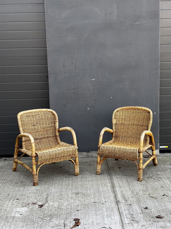 Image 1 of Vintage rotan tuinset – bank, 2 fauteuils en salontafel (jaren 70) 