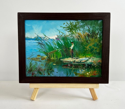 Original Oil Painting Coastal River Landscape Good fishing catch