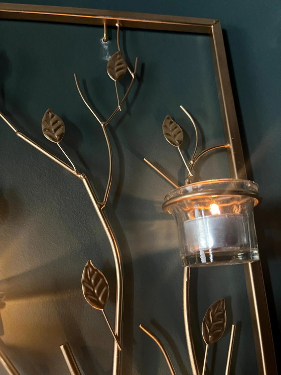 Gold Painted Metal Lantern Grid with Leafy Vines, Rectangular Balcony Decor – Candle holders, Glass (photo 9 of 9)