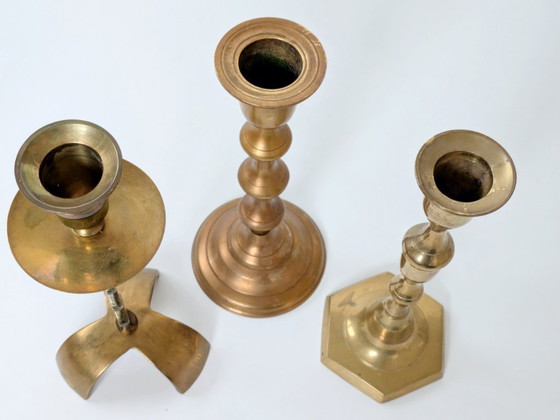 Image 1 of Set of 6 Vintage Brass Candleholders: Mixed-Height and Designs, Holiday Table