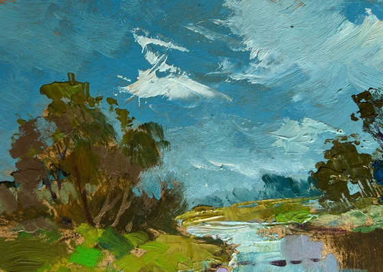Image 1 of Original Oil Painting Summer River Landscape The Winding River