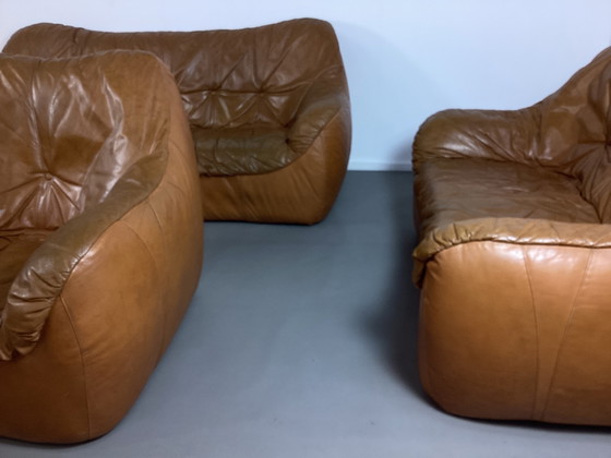 Image 1 of Ensemble de sièges vintage en cuir cognac des années 70, italien et français