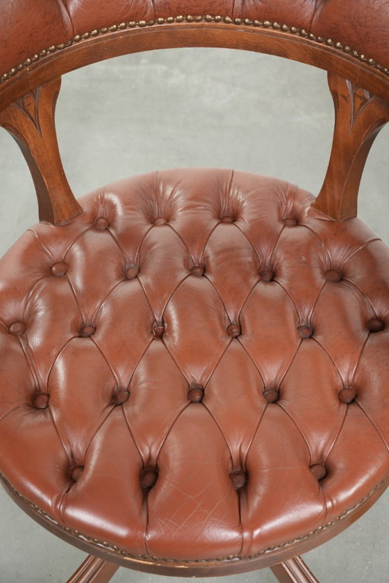 Image 1 of 2 x Swivel English Style Cowhide Leather Chesterfield Office Chairs in a Beautiful Brown Color