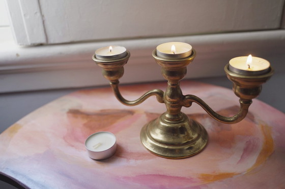 Image 1 of Solid Brass Vintage Candelabra, Bronze-Tone Three-Arm Candle Holder