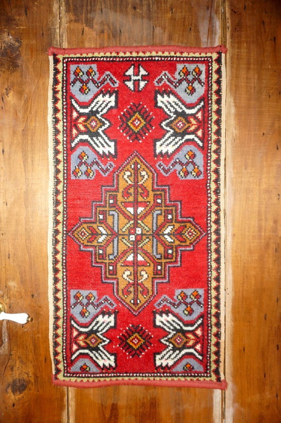 Image 1 of vintage turkish anatolian rug * tribal geometric wool rug * red small runner * village carpet * folk art textile