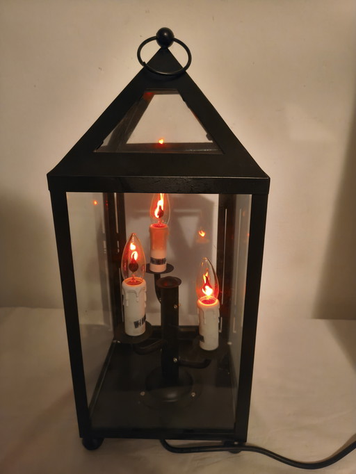 Klassische Laternen-Tischleuchte mit 3 Kerzenfassungen – schwarzes Metall und Glas