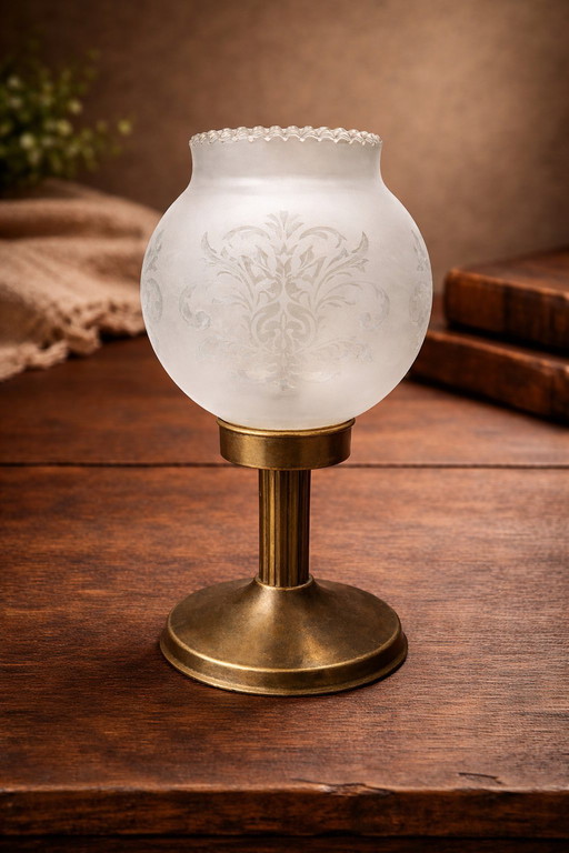 Art Deco Votive Candle Holder - Frosted Etched Glass & Brass Base - 1930s