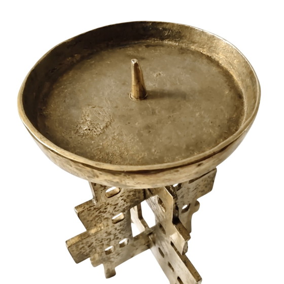 Vintage Brutalist Brass Pricket Candlestick - Mid-Century Modern Geometric Candle Holder (22 cm), Gold (photo 5 of 15)