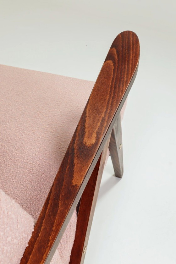 Image 1 of Mid Century Armchair Peony Color Boucle Scandinavian Design Wooden Lounge Chair