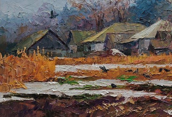 Original Oil Painting Rural Landscape The First Snow Fell In The Village – Paintings & Drawings, Canvas (photo 6 of 7)