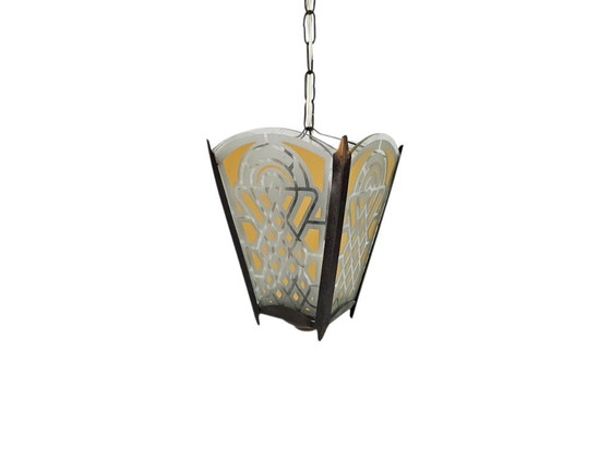 Image 1 of Amsterdams school stijl - lantaarn - hanglamp - glas - messing - 1930's