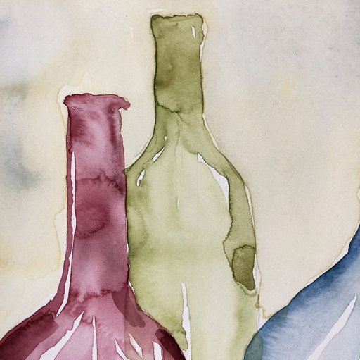 Aquarelle aux bouteilles et aux fruits