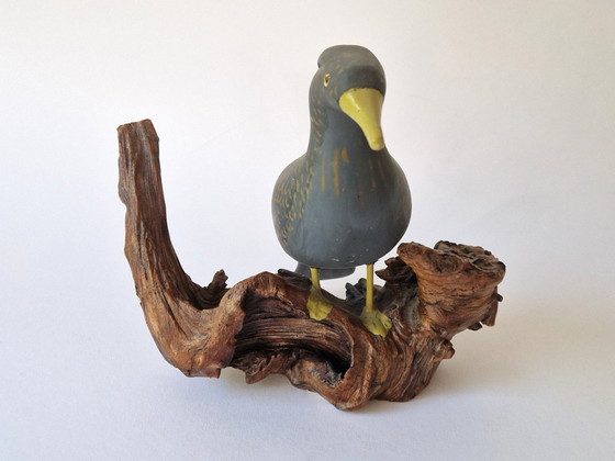 Svante Svensson - Wooden Cormorant Sculpture on Tree Trunk - Signed (photo 2 of 8)