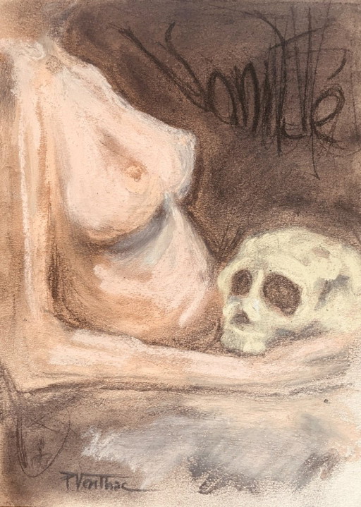 Gesigneerd pastel schilderij, symbool van leven en dood, "IJdelheid"
