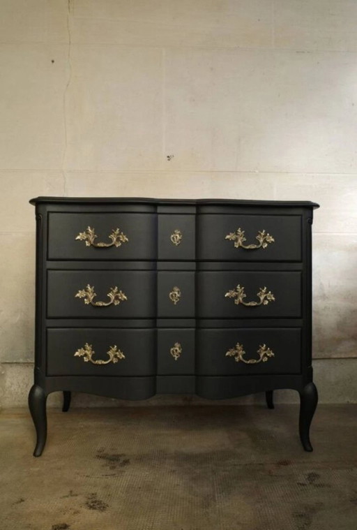 Vintage French commode, black chest of drawers with brass handles