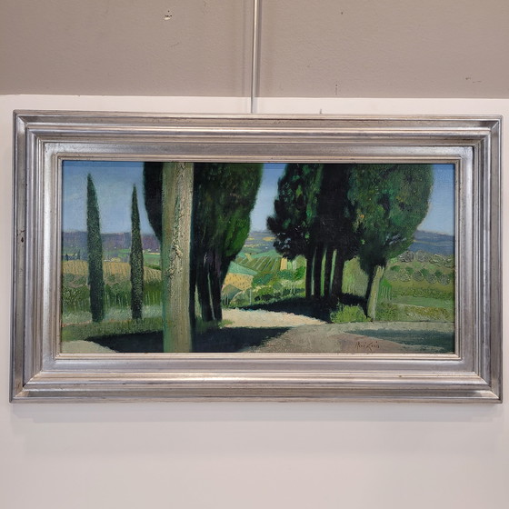 Image 1 of Óleo Sobre Lienzo “El Callejón De Los Cipreses”, René Genis, Pintura De Paisaje, S. Xx – Francia