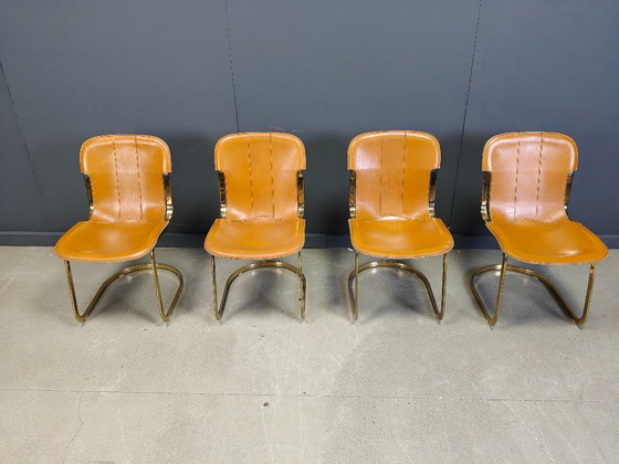 Image 1 of Vintage brass and cognac leather dining chairs by Willy Rizzo for cidue set of 4, 1970s