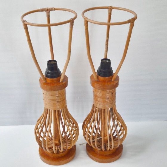 Image 1 of PAIR OF VINTAGE 1960S TABLE LAMPS IN RATTAN & BEECH 60S 1960S 1960s