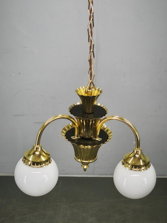 1930s Czechoslovak Art Deco Brass And Opaline Glass Chandelier (photo 11 of 14)