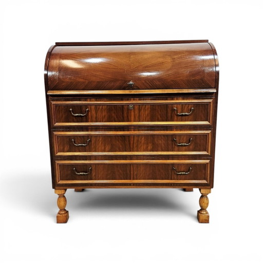 Bureau secrétaire à cylindre en noyer, années 1970