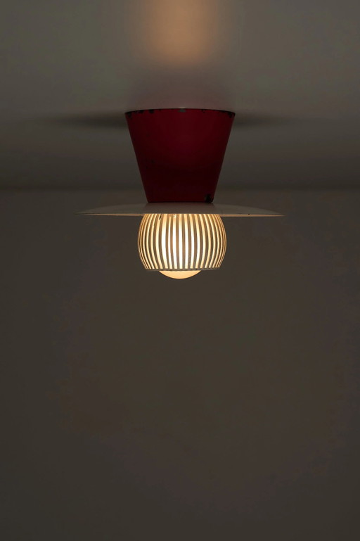 Mid-Century Flush Mount Ceiling Lamp with White Slatted Diffuser