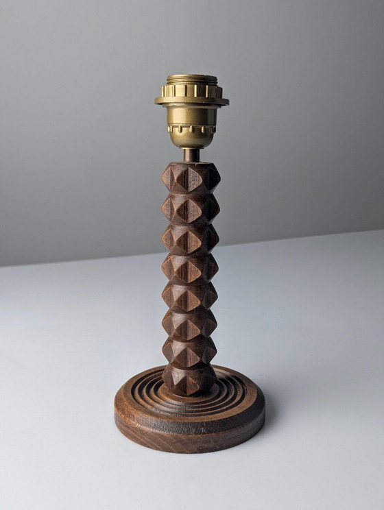 Image 1 of Charles Dudouyt Table Lamp, Oak with Parchment Leather Shade, France, 1950s