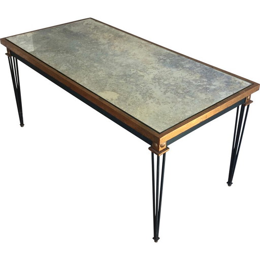 Tavolino da caffè vintage in acciaio con patina e doratura, 1940