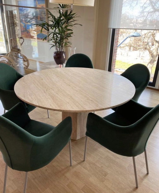 Table de salle à manger ronde en travertin Ø140 cm, design en pierre naturelle japonisante