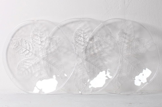 Image 1 of Set van 3 vintage Kosta Boda glazen dinerborden / Scandinavisch bladmotief / 1975