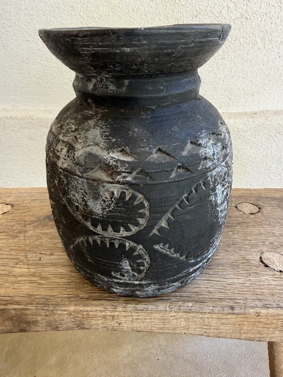 Image 1 of Set of 3 Nepalese Indian pots, carved black wood, tribal & wabi-sabi style