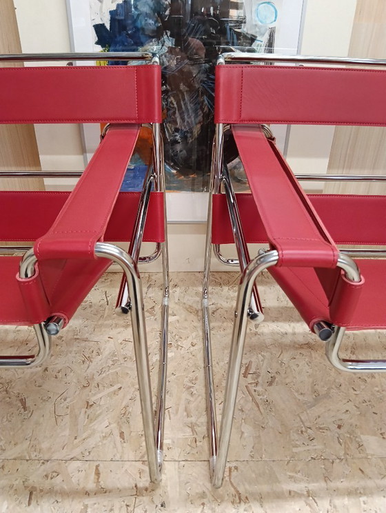 Image 1 of KNOLL Studio Set van 2 WASSILY B3 fauteuils (NIEUW) in rood leer