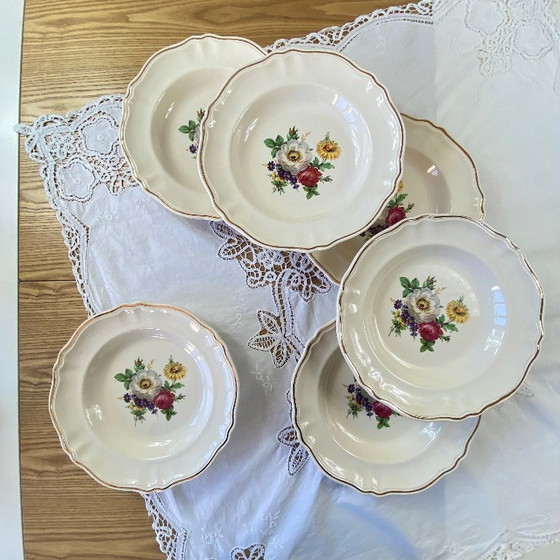 Image 1 of Set of 6 antique Badonviller earthenware soup plates with flowers and gilding