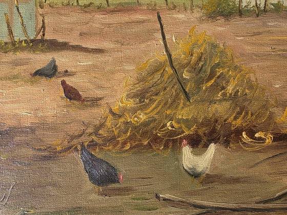 Large Vintage Oil Painting - Sunlit Farmyard with Chickens – Paintings & Drawings, Canvas (photo 5 of 12)