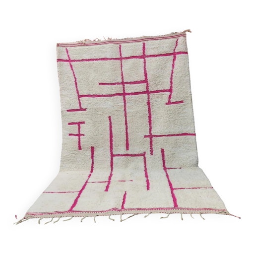 Grande tappeto berbero marocchino in lana crema e rosa fucsia 300 x 200 cm