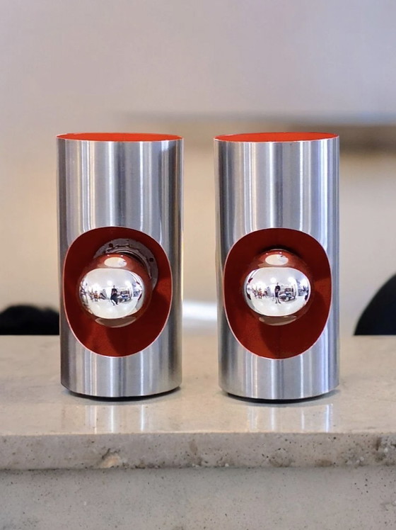 Image 1 of Pair of Orange Space Age UFO Vintage Wall Lamps - Brushed Aluminium - 1970s