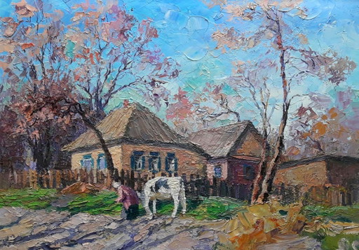 Origineel olieverfschilderij Dorpsstraat Platteland Landelijk leven Landelijk landschap
