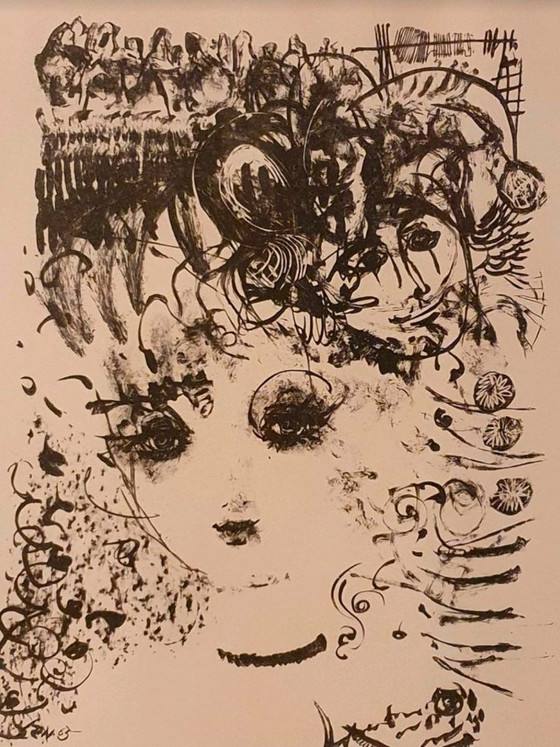 Image 1 of 1966 Fine Art Gemälde Bild Rahmen Tusche Zeichnung Lithographie 