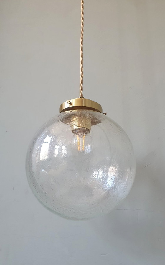 Image 1 of Vintage plafond hanglamp van getextureerd / bubbelglas - Mid Century