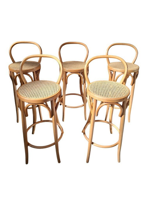 Set di 5 Sgabelli Thonet Style in Legno Curvato e Paglia di Vienna '70