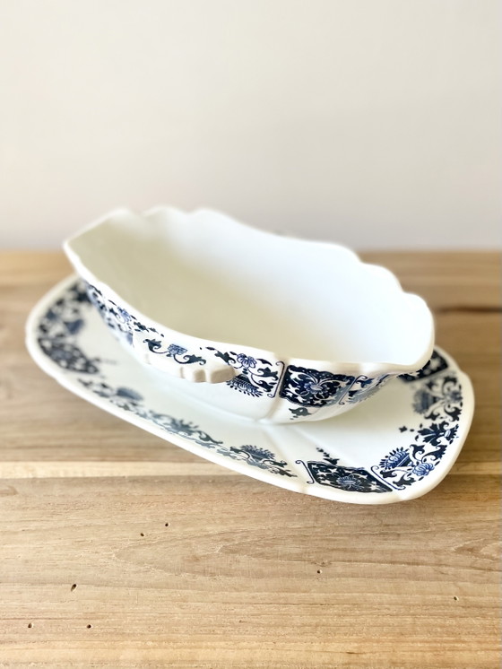 Image 1 of Vintage Gien France Gravy Boat with Stand Blue White Faience - French Mid-Century Pottery Collectible Tableware