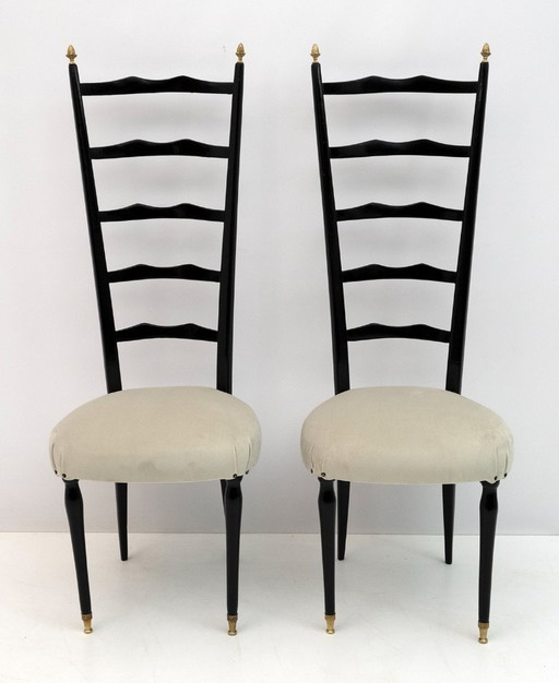 Pair of Chiavari Mid-Century Modern Italian Velvet High Back Chairs, 1950s