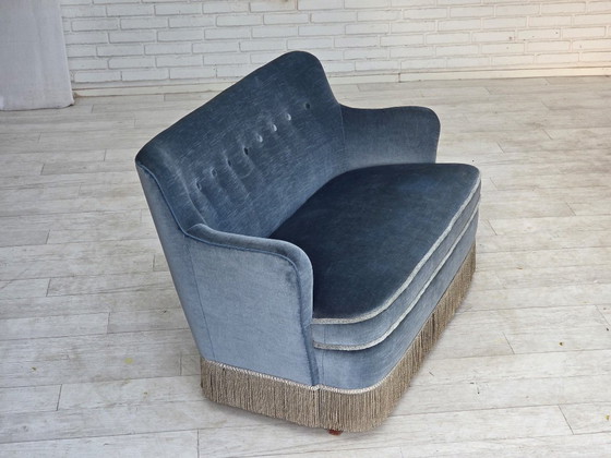 1970s, Danish 2-seater sofa, furniture velour, beech wood., 2 seaters, Velvet, Blue (photo 18 of 21)