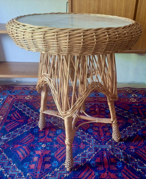 Circular Bamboo and Faux Marble Wine or Coffee Table, 1960s