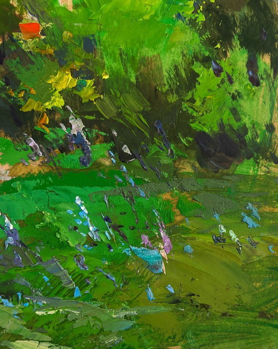 Image 1 of Original Oil Painting Summer Nature Landscape Church under a shining sky