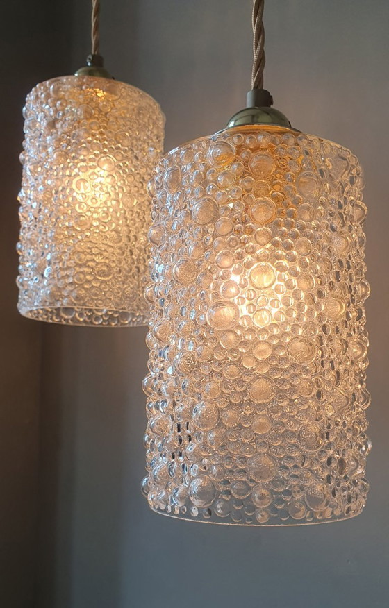 Set of 2 Vintage Glass Pendant lamps - Bubble Glass Texture (photo 13 of 26)